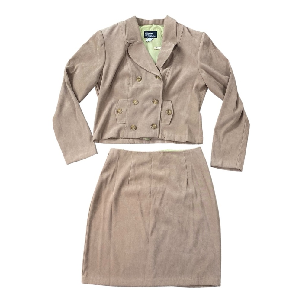 Vintage Dawn Joy Fashions faux suede double breasted skirt suit size 9/10